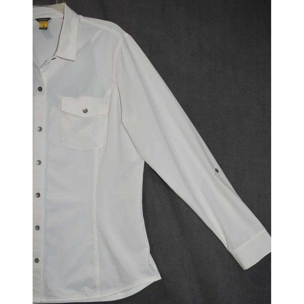 Eddie Bauer XL Women Departure Shirt Ivory Roll Tab Sleeve Button Up Stretch - Picture 16 of 16